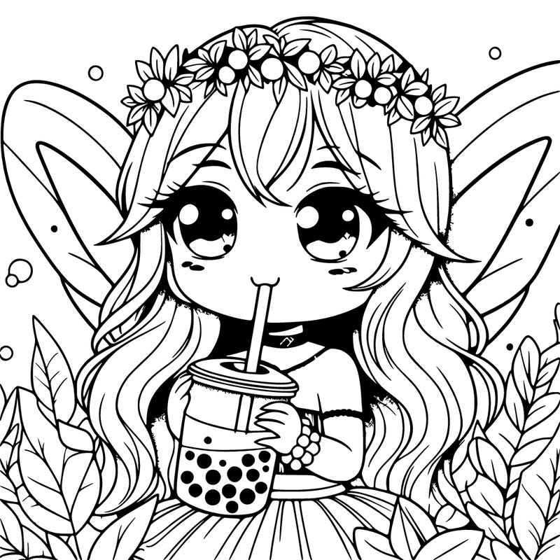 cute rilistic fairy drinking boba