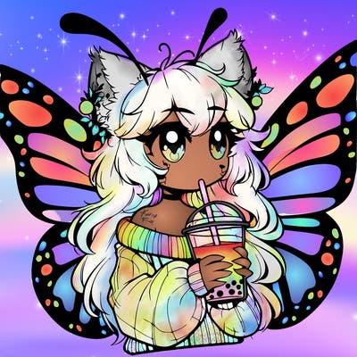 a realistic butterfly/furry girl drinking boba