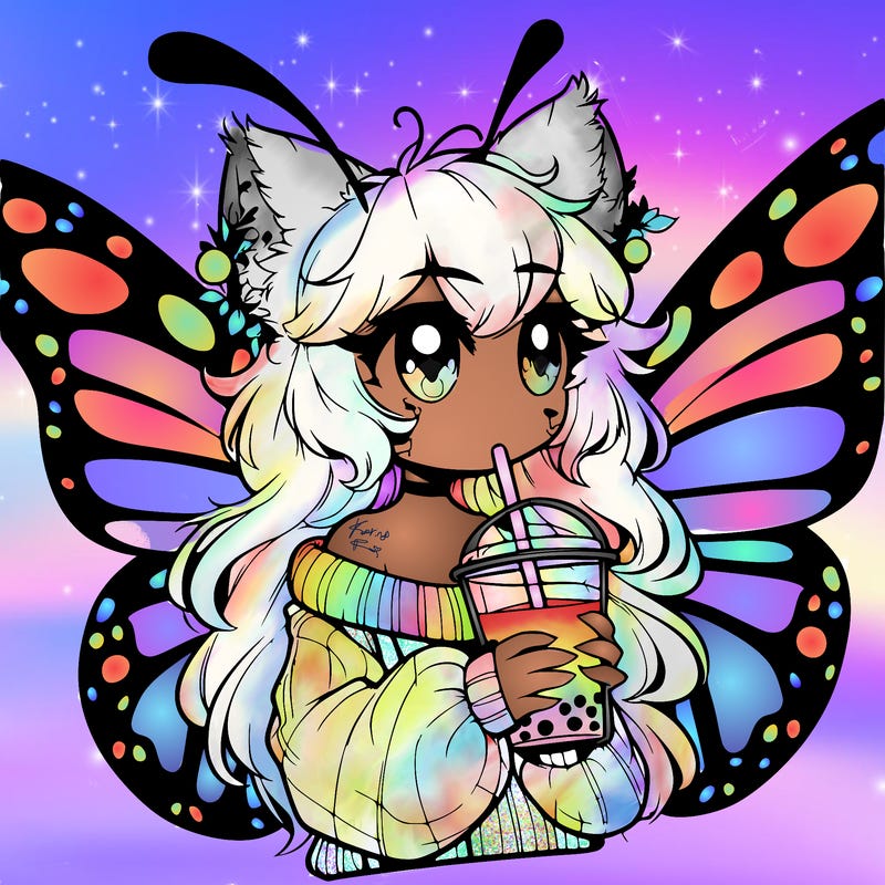 a realistic butterfly/furry girl drinking boba