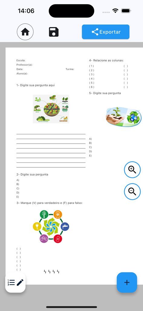 Criar Atividades Escolares Pro - A mobile app interface for creating custom school worksheets with various question types and images.