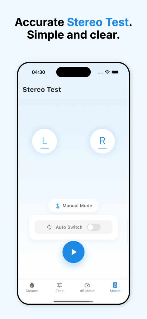 Speaker Cleaner & Clear Wave - Smartphone screen showing the Stereo Test interface of the Speaker Cleaner and Clear Wave app with left and right channel testing options.
