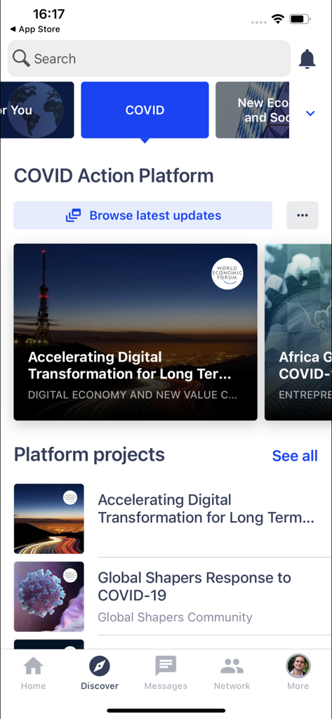 TopLink. - The Discover screen of the TopLink app by the World Economic Forum showing the COVID Action Platform and project updates