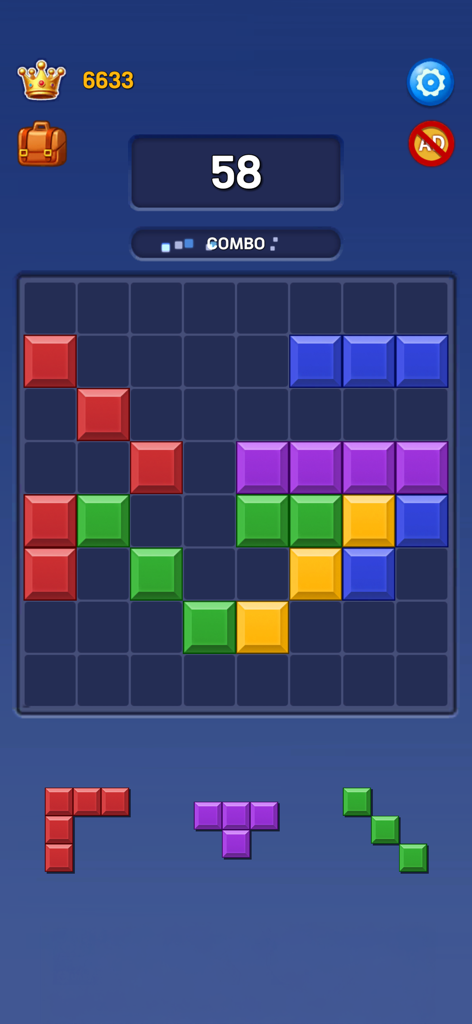 Block Puzzle : Match Combo - Gameplay screenshot of Block Puzzle Match Combo showing colorful blocks on an 8x8 grid and a combo score