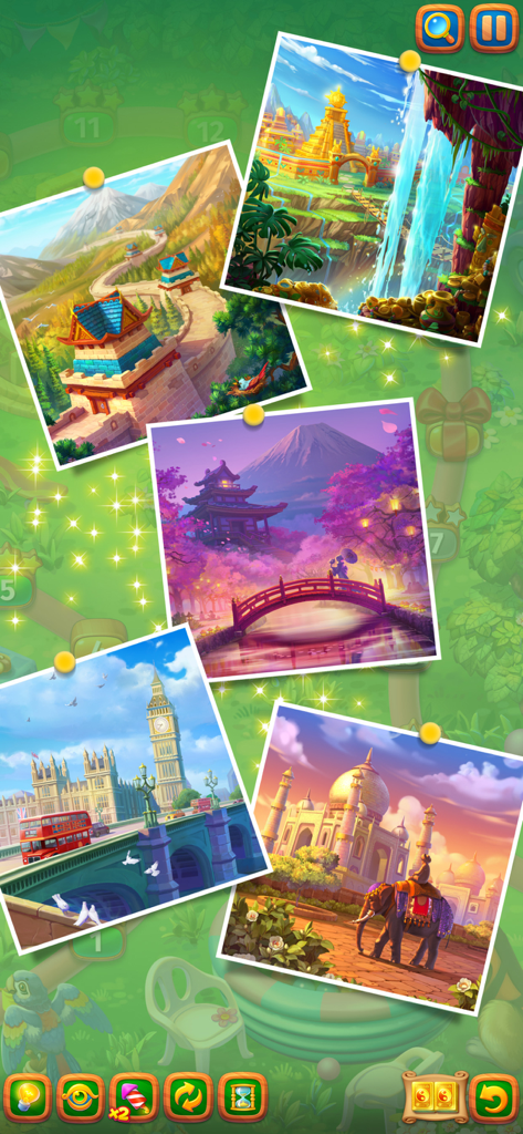 Postcards of world landmarks including London Mount Fuji and Taj Mahal in Mahjong Journey