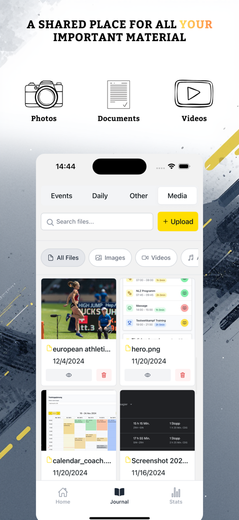 Athlog - Athlog mobile app interface showing a media library for storing training photos documents and videos