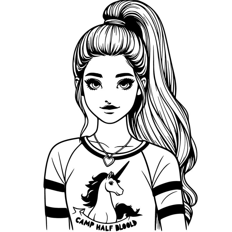 realistic girl with a high ponytail a t-shirt with a pegasus on it with the words camp half blood on it