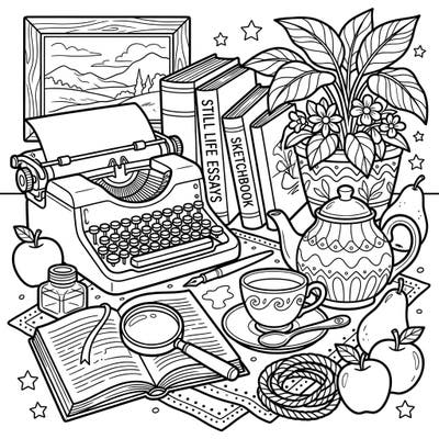 Immerse yourself in a beautifully crafted digital still life scene, perfect for artistic expression. This intricate coloring page features a charming collection of vintage objects, offering a delightful challenge for colorists.