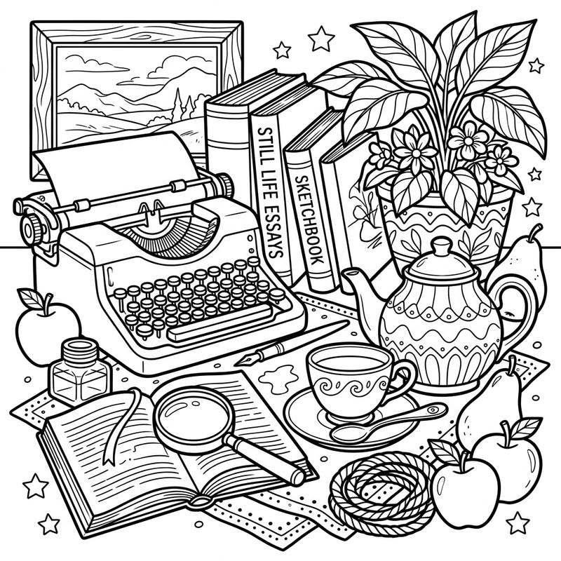 Immerse yourself in a beautifully crafted digital still life scene, perfect for artistic expression. This intricate coloring page features a charming collection of vintage objects, offering a delightful challenge for colorists.