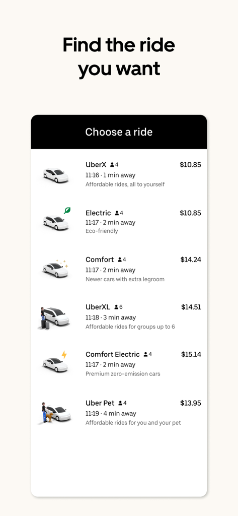 Uber app interface showing various ride options like UberX, Electric, and Comfort with upfront pricing and estimated arrival times