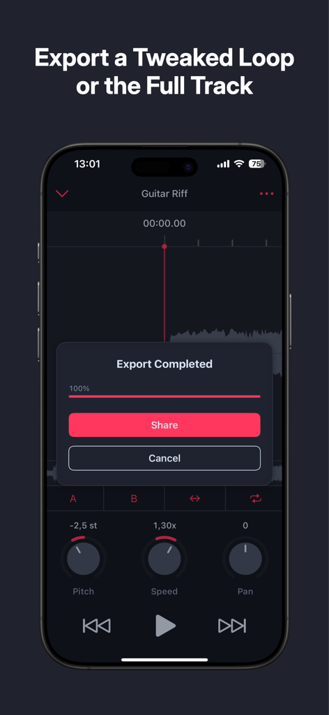 AudioTweak: Change Music Speed - Interface showing the successful export of a modified audio track with pitch and speed controls in the AudioTweak app