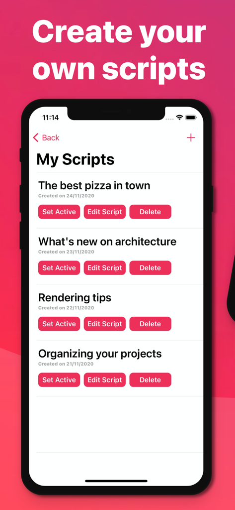 Instant Prompter: Teleprompter - Interfaz que muestra una lista de guiones creados por el usuario con opciones para establecer edición activa o eliminar dentro de la aplicación de teleprompter.