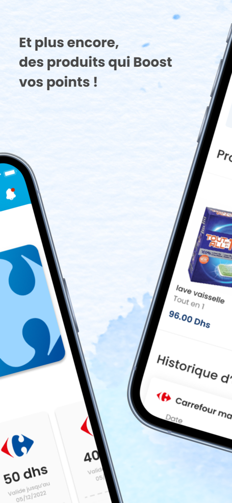 Interface de l'application mobile Carrefour Maroc affichant les points de fidélité et les récompenses