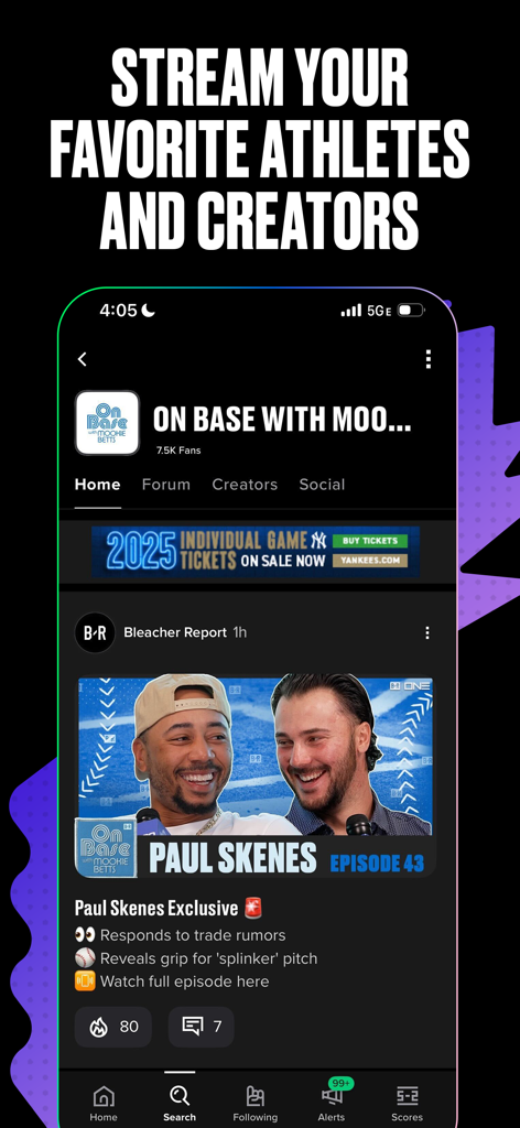 Bleacher Report app screen showcasing exclusive video content and interviews with professional athletes and sports creators.