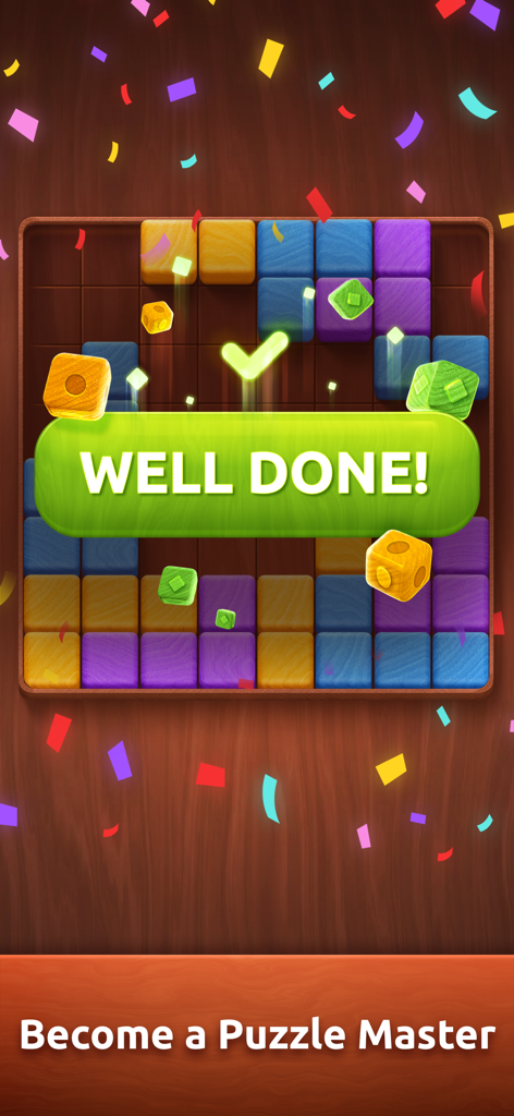 Colorwood Blocks: Wood Puzzle - Una schermata di vittoria nel gioco Colorwood Blocks con blocchi di legno colorati e un messaggio ben fatto con coriandoli.