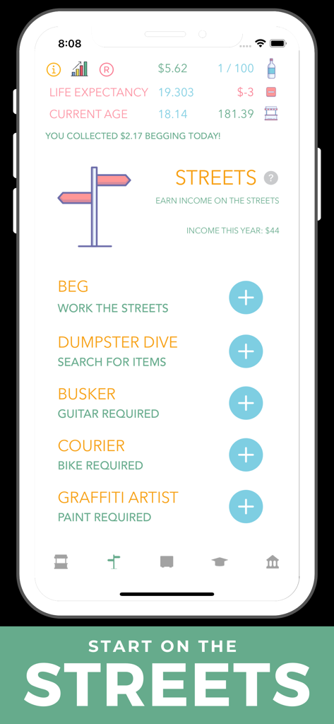 Gameplay of Hobo Real Life Simulator showing street survival tasks like begging and dumpster diving