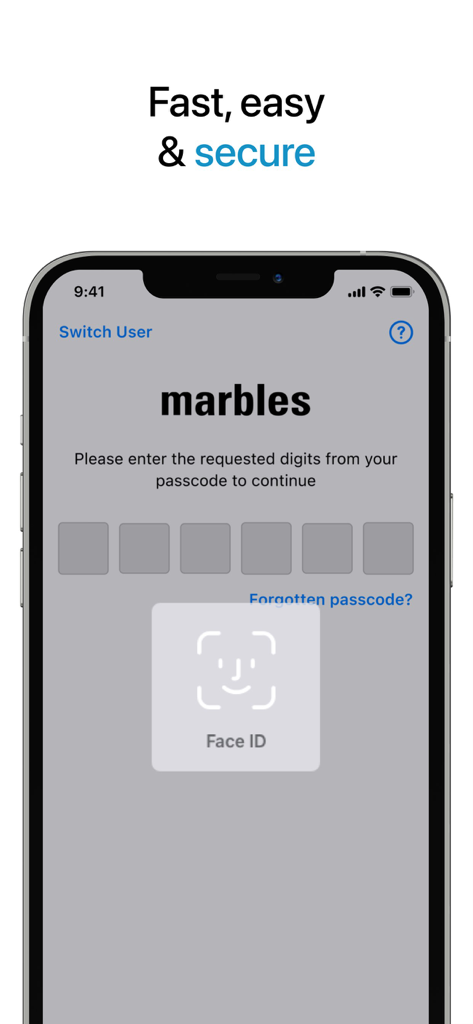 Marbles credit card app login screen featuring Face ID biometric security