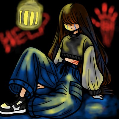 a girl with baggy pants and a crop top with long hair