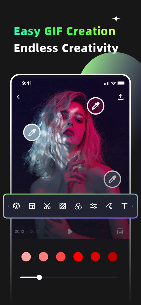 GIF Maker & Editor Pro - Mobile app interface of GIF Maker and Editor Pro showing creative photo editing tools and filters