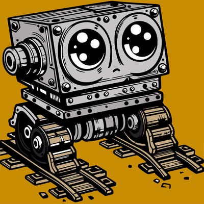 a scrap metal robot that has sort of rails as feet to move around, with big eyes, cute
