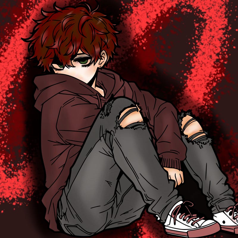 a male hoddie ripped jeans messy hair anime