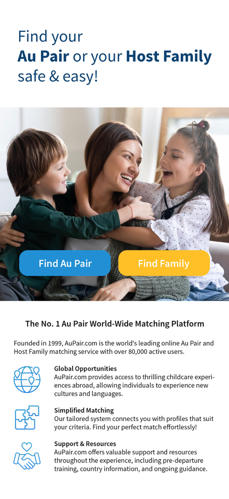AuPair.com - Landing screen of the AuPair app showing buttons to find an au pair or host family with an image of a happy family