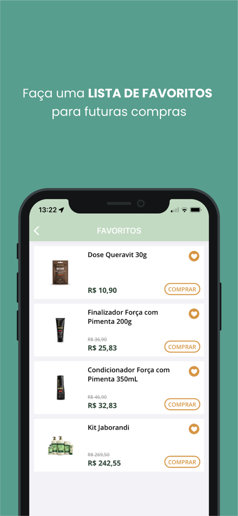 Bio Extratus - Favorites list in the Bio Extratus app showing natural hair care products like Jaborandi and Queravit