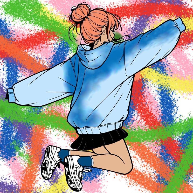 realistic girl jumping with a bun and oversized sweatshirt