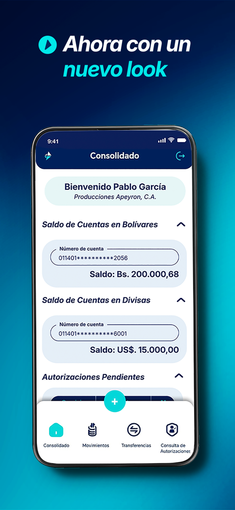 Conexión Digital Empresas - Conexion Digital Empresas app interface showing consolidated account balances in Bolivares and US Dollars