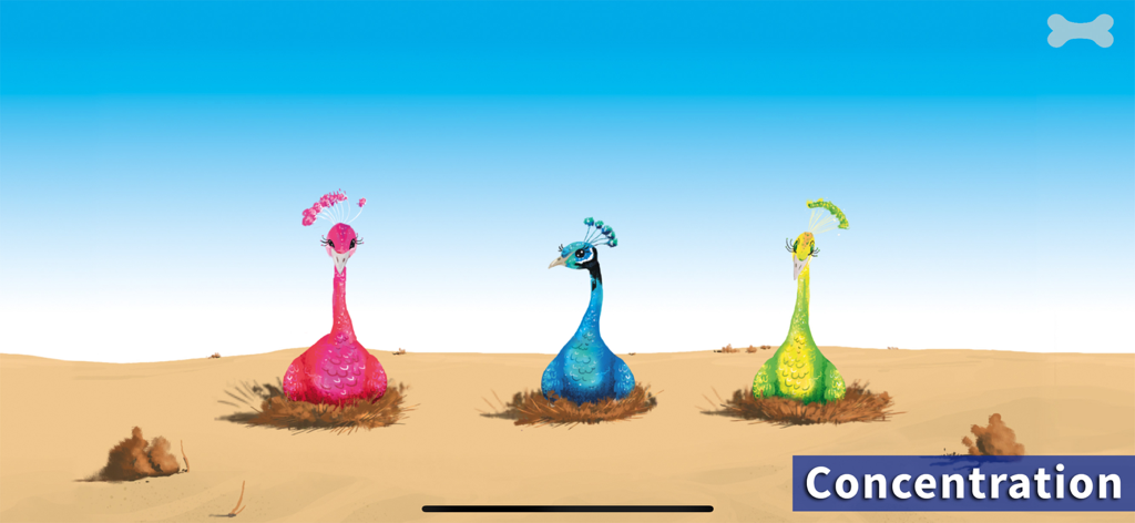 Three colorful peacocks in an educational concentration game within the Lazuli 7 plus app