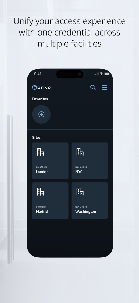Brivo Mobile Pass app interface showing access control for multiple international office locations