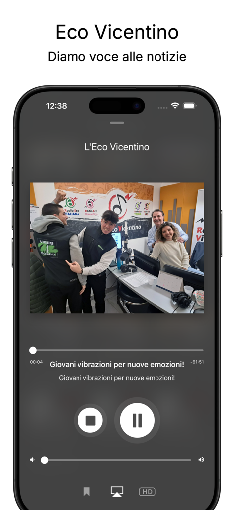 Eco Vicentino - Interfaz de la aplicación Eco Vicentino reproduciendo noticias en audio y radio web
