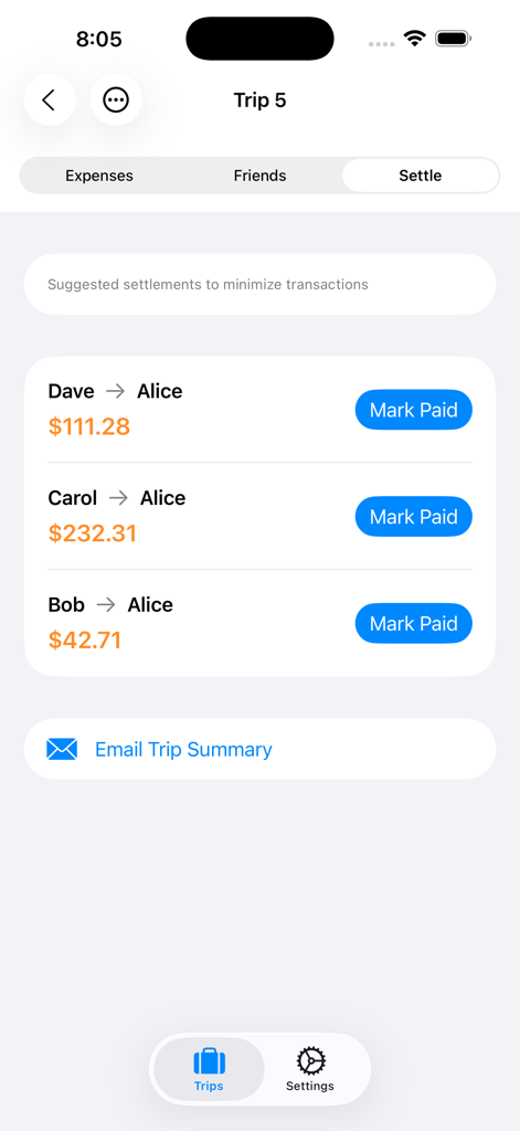 DivvyTrip - DivvyTrip app interface showing suggested settlements between friends to minimize transactions after a group trip.