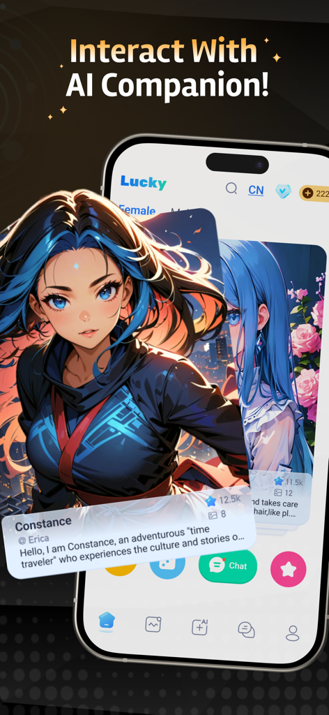Lucky AI - Soulful AI Game - A smartphone screen displaying the Lucky AI app interface featuring an anime-style AI companion and a chat button.