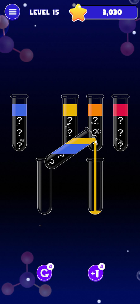 Water Sort: Color Master - Gameplay of Water Sort Color Master showing colored liquid being poured between test tubes at level 15