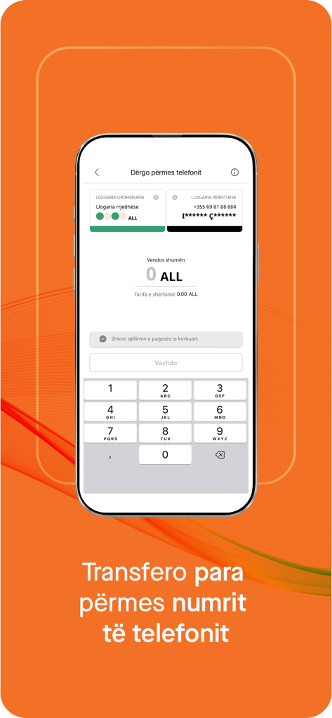 ProCredit Bank Albania - Interfaz de la aplicación móvil de ProCredit Bank Albania para transferir dinero usando un número de teléfono