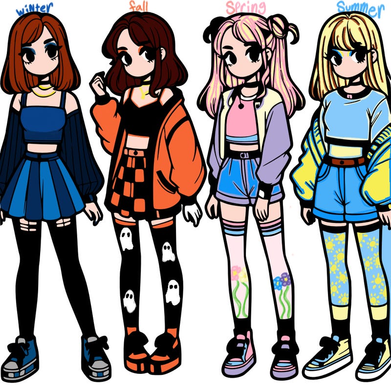 one girl with crop-top shirt and a jacket with a skirt, long socks and another girl with a shirt and pants with a jacket