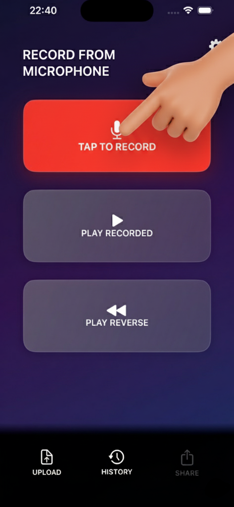 Main screen of the Reverse Sing app featuring a record button and reverse play option