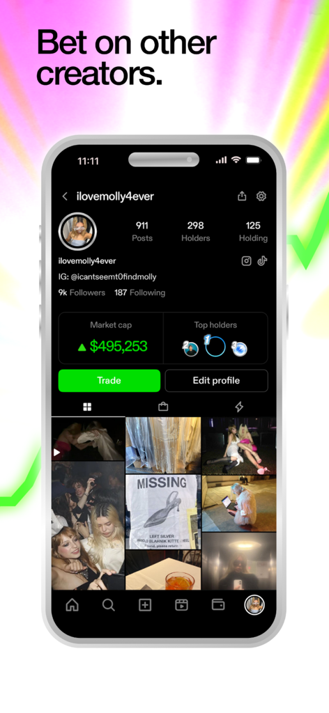 Zora: Post, Trade, Earn Crypto - Zora app screenshot showing a creator profile with market capitalization and trade button
