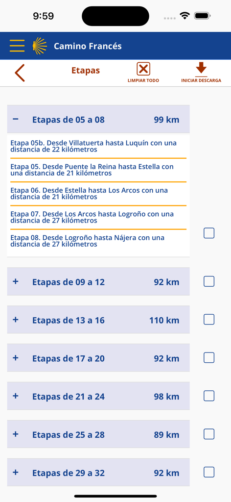 Caminos de Santiago - Schermata dell'app che mostra dettagliate tappe di escursione e distanze per il Cammino Francese del Cammino di Santiago.