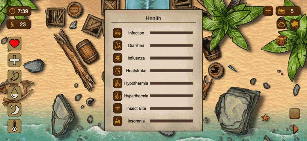 Island Story: 100 Days - A gameplay screenshot of Island Story 100 Days showing a detailed health menu with status bars for infection, heatstroke, and insect bites over a tropical beach background.