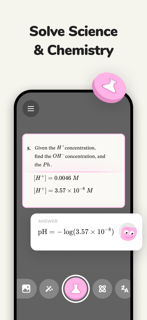 Studdy: AI Tutor & Math Solver - Studdy AI tutor interface solving a chemistry pH concentration problem
