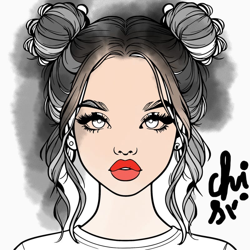 realistic girl with two buns in hair and lips