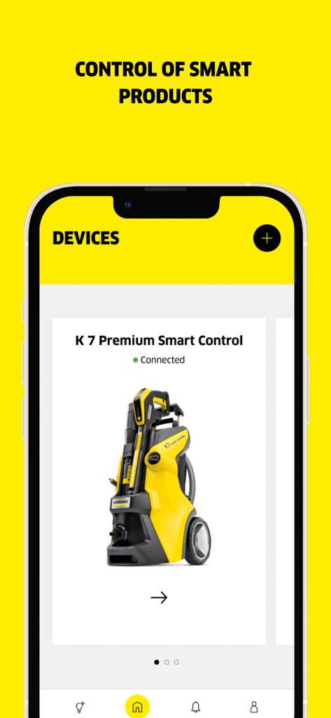 Écran de l'application Karcher Home and Garden montrant un nettoyeur haute pression K 7 Premium Smart Control connecté