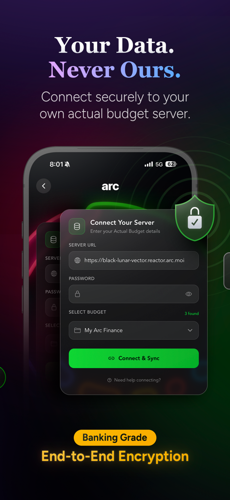 Arc AI Budget App Benutzeroberfläche zur Verbindung mit einem privaten Server mit Banking-Grade-Verschlüsselung