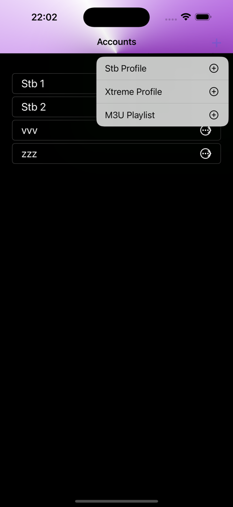 STB IPTV - STB IPTV app interface showing account profiles and a menu to add Stb Profile Xtreme Profile or M3U Playlist