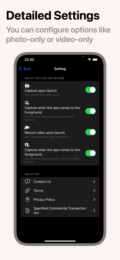 Pasya! - The Fastest Camera - Settings screen of the Pasya camera app showing toggles for instant photo and video capture