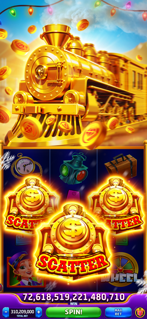 Una slot machine a tema treno dorato con un enorme jackpot vincente e tre simboli scatter.
