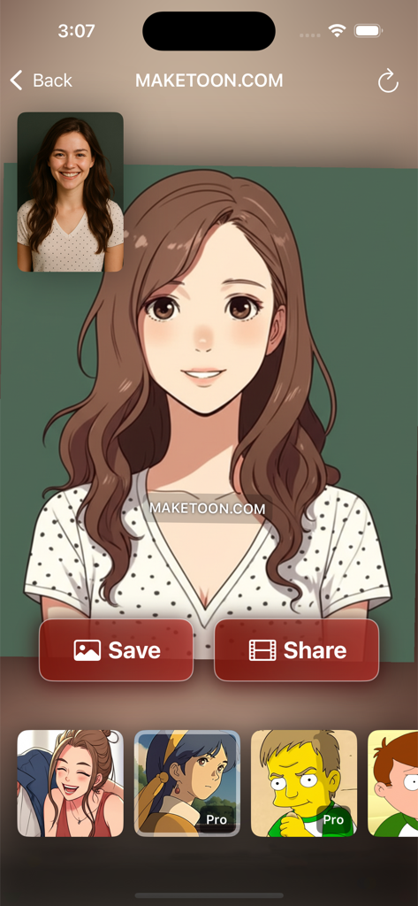 Cartoon Yourself: MAKETOON - MAKETOONアプリのインターフェース。セルフィーがアニメ風のカートゥーンに変換され、保存と共有のオプションが表示されている様子