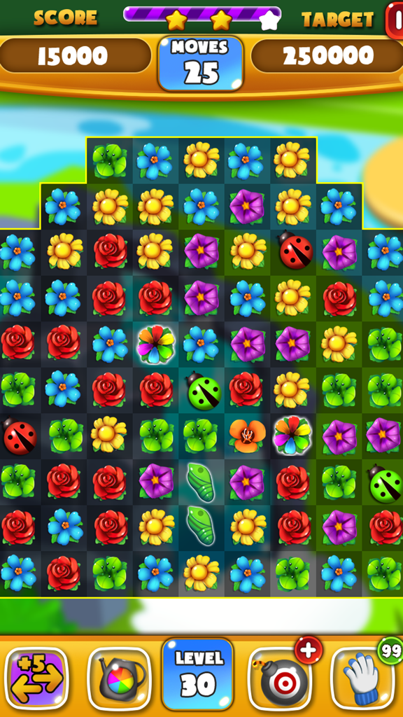 Flower Crush - Match 3 & Blast Garden to Bloom! - Colorful flower match 3 puzzle game board with roses and sunflowers
