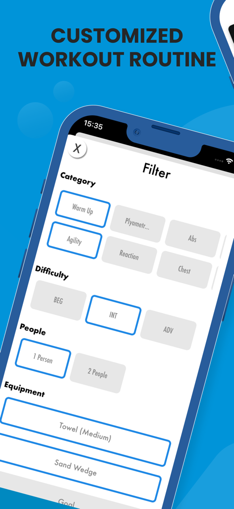 Muay Thai Training - Filter screen of the Muay Thai Training app showing workout customization options for difficulty and equipment